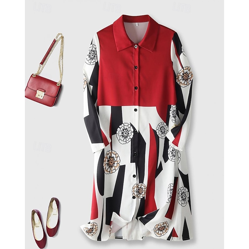 Women's Long Dress Maxi Dress Shirt Dress Casual Dress Elegant Fashion Modern Outdoor Party Holiday Regular Fit Color Block Long Sleeve Shirt Collar Wine Spring Fall
