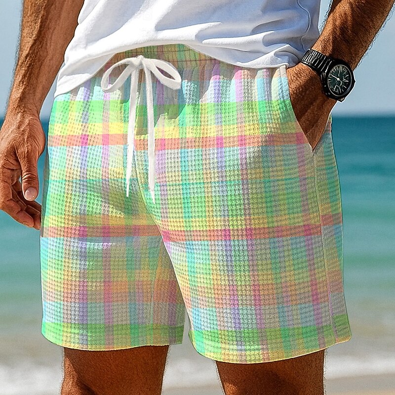 Men's Color Block Gradient Grid / Plaid Waffle Shorts Sweat Shorts Casual Shorts Mid Waist Fashion Casual Vacation Jogging Workout Elastic Drawstring Waist Shorts with Pockets Designer Clothing2