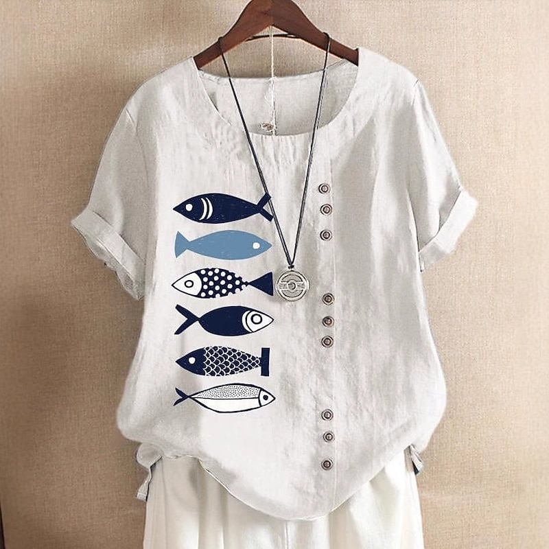 Women's Cotton Linen Shirts Animal Elegant Daily Basic Short Sleeve Crew Neck Regular Tops Daily Holiday Vacation Wear Buttons White Blue Purple Brown Summer Spring3