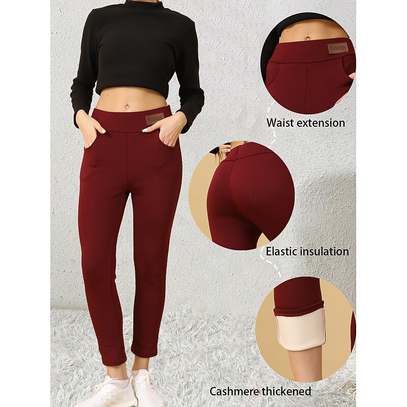 Women's EU / US Size Tights Cozy Fleece Lined Cozy Leggings Elegant Athleisure Full Length High Rise Solid Colored Knitted Basic Comfy Soft Comfortable Micro-elastic Sports & Outdoor Casual Daily Wine - Main Image