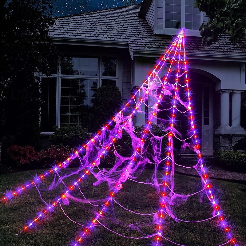 1 Pc Halloween 5M * 4.8M triangular luminous web lamp purple orange AAA waterproof battery box remote control 250 LED beads indoor and outdoor courtyard decoration lights (excluding spiders)2