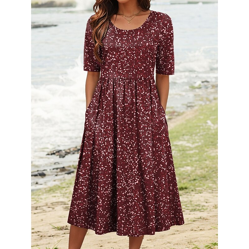 Women's Midi Dress A Line Dress Summer Dress Vacation Casual Daily Holiday Regular Fit Graphic Geometric Half Sleeve Crew Neck Red Blue Green Summer Spring2