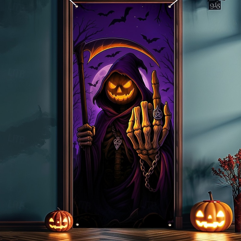 Halloween Door Cover Neon Pumpkin Head Grim Reaper Banner, Glowing Blacklight Entrance Decoration for Outdoor & Indoor 2025 Halloween Bedroom, Living Room, Bathroom4