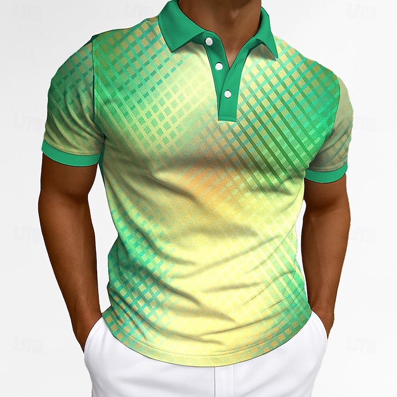 Men's Polo Business Casual Turndown Short Sleeve Geometric Buttons Summer Robin's Egg Blue Green Polo2
