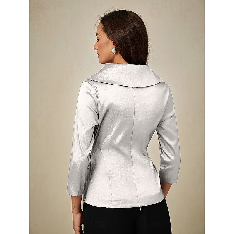 Women's Blouse Evening Tops Elegant Metallic Stylish 3/4 Length Sleeve V Neck Regular Tops Wedding Guest Evening Party Semi Formal Tie Front White Spring, Fall, Winter, Summer3