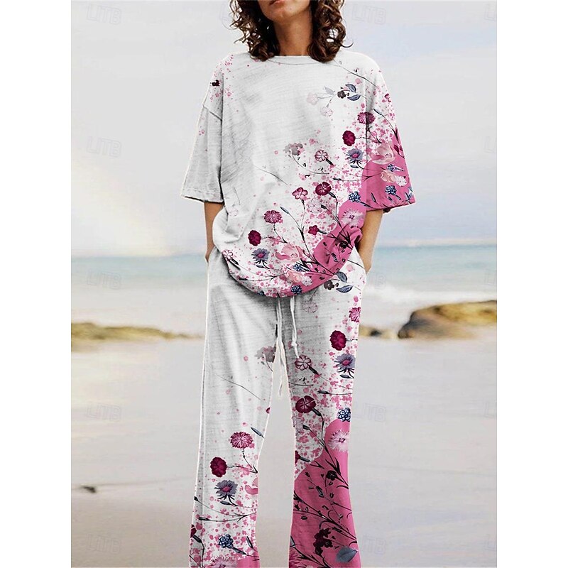 Women's Active Fashion Pants Sets 3/4 Length Sleeve Crew Neck Floral Print Vacation Daily Holiday Purple Summer Regular Fit