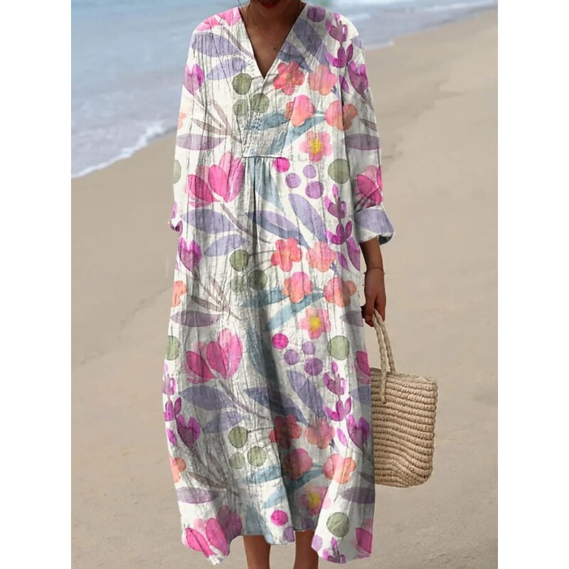 Women's Midi Dress V Neck Long Sleeve Kaftan Lightweight Loose Fit A Line Dress Casual Boho Going out Floral Graphic Long Sleeve V Neck White Pink Orange off-white Fall2