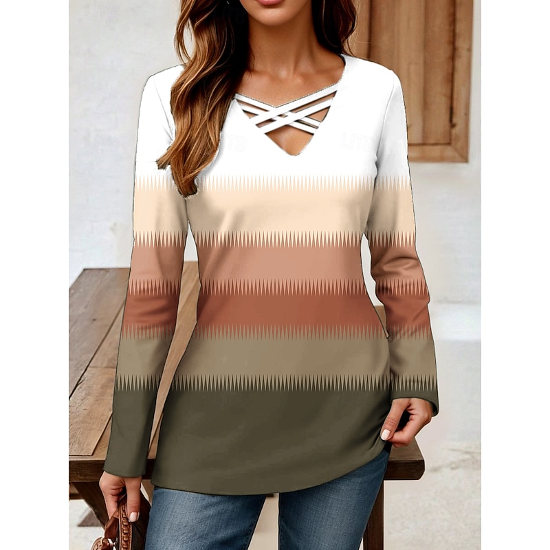 Women's T Shirt Ombre Graphic Geometric Vintage Stylish Classic Long Sleeve V Neck Regular Tops Daily Cut Out Print Light Brown Spring Fall