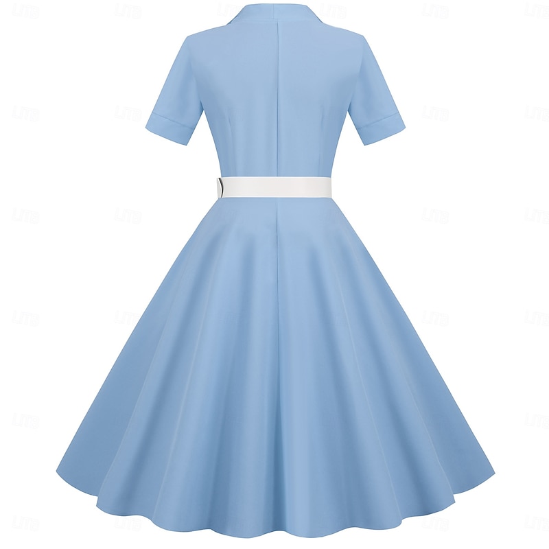 Elegant Retro Vintage 1950s Midi Dress Swing Dress Flare Dress Buckle With Belt Solid Color A-Line Fancy Dress Women's Valentine's Day Dailywear Date Tea Party Adults' Dress 1 Belt Spring & Summer4