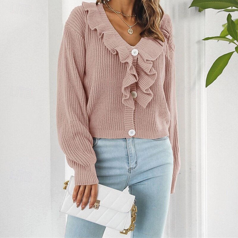 Women's Pullover Casual Solid Color Chunky V Neck Ruffle Knitted Long Sleeve Regular Tops Knit Daily Holiday Going out White Yellow Fall Winter3