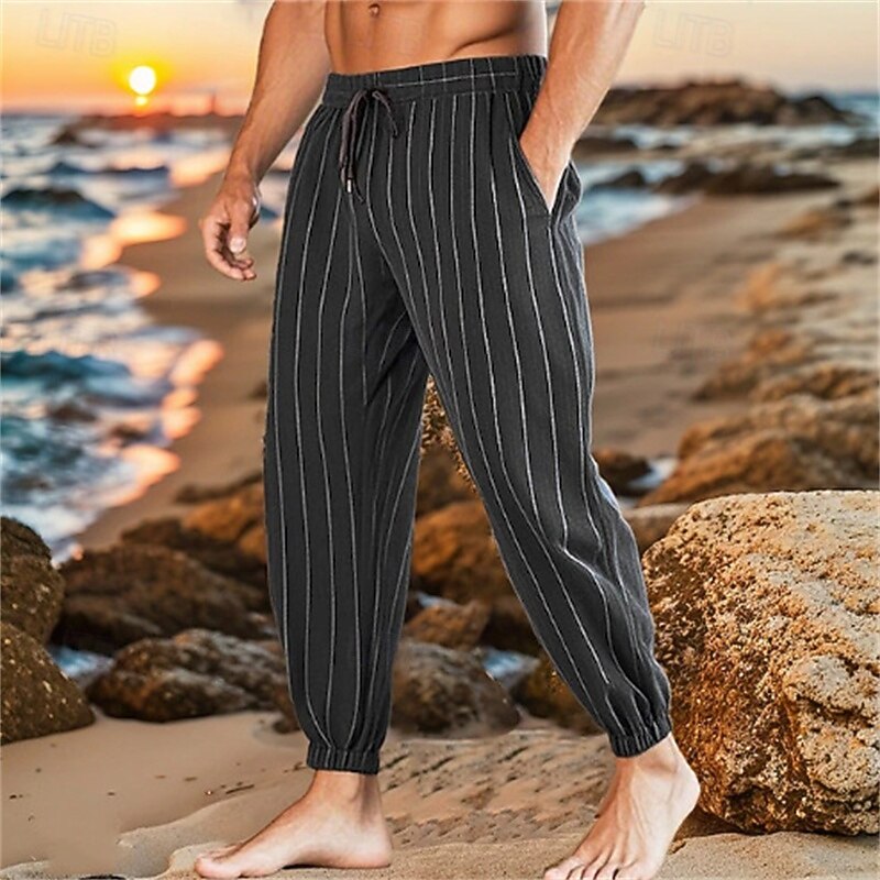 Men's Linen Pants Trousers Summer Pants Baggy Pants Elastic Waist Drawstring Straight Leg Striped Comfort Breathable Full Length Casual Daily Holiday Vacation Fashion Black White Inelastic3
