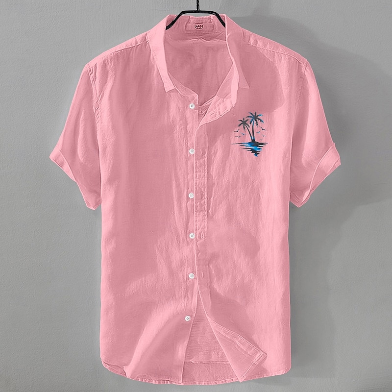 Men's Shirt Linen Shirt Summer Shirt Beach Shirt Button Up Shirt Coconut Tree Vacation Holiday Black White Pink Blue Short Sleeve Turndown Summer Clothing Apparel