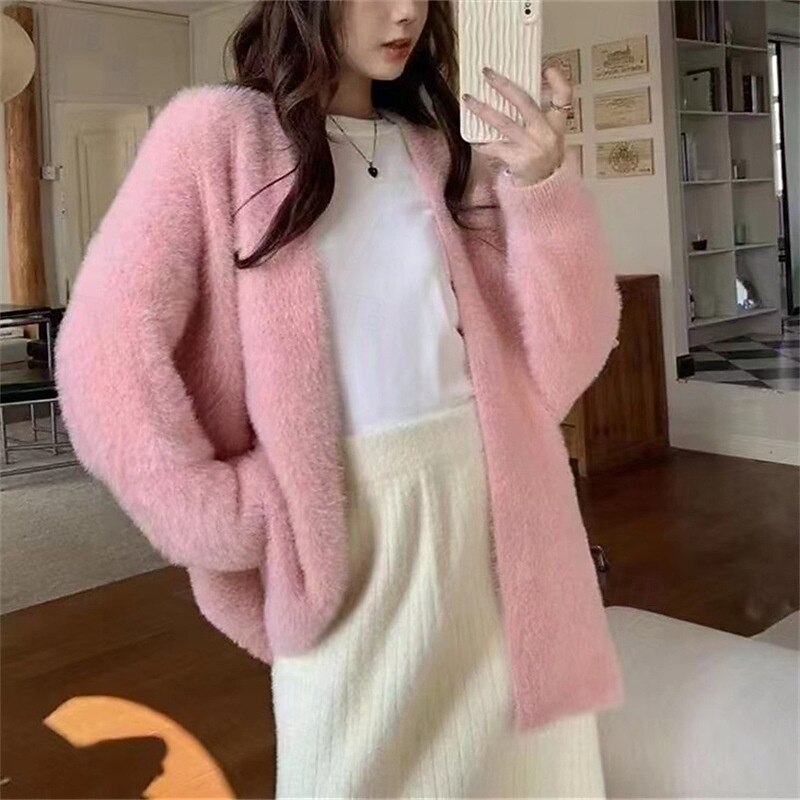 Women's Sweater Cardigan Fashion Streetwear Daily Solid Color Ribbed Open Front Knitted Long Sleeve Long Tops Knit Holiday Going out Weekend White Pink Fall Winter