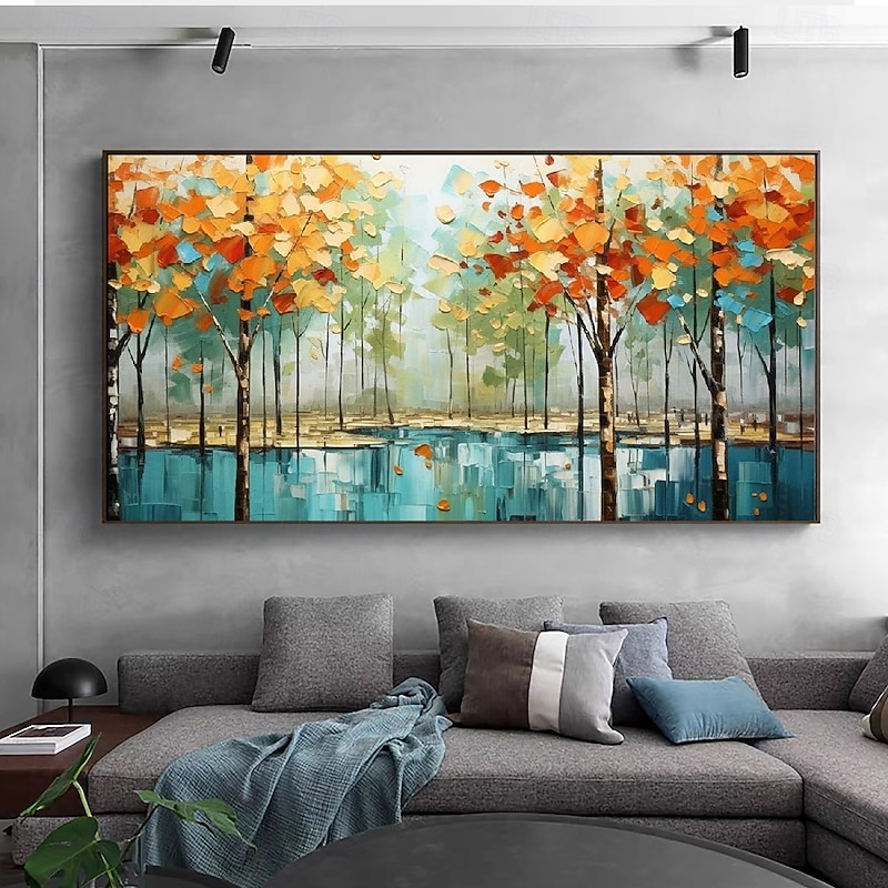 Large Handmade Autumn Tree Oil Painting Golden Foliage Reflected in Blue Water Textured Leaves Above Sofa Cozy Living Room Decor Seasonal Wall Art Tangerine Sunset Warm Atmosphere3