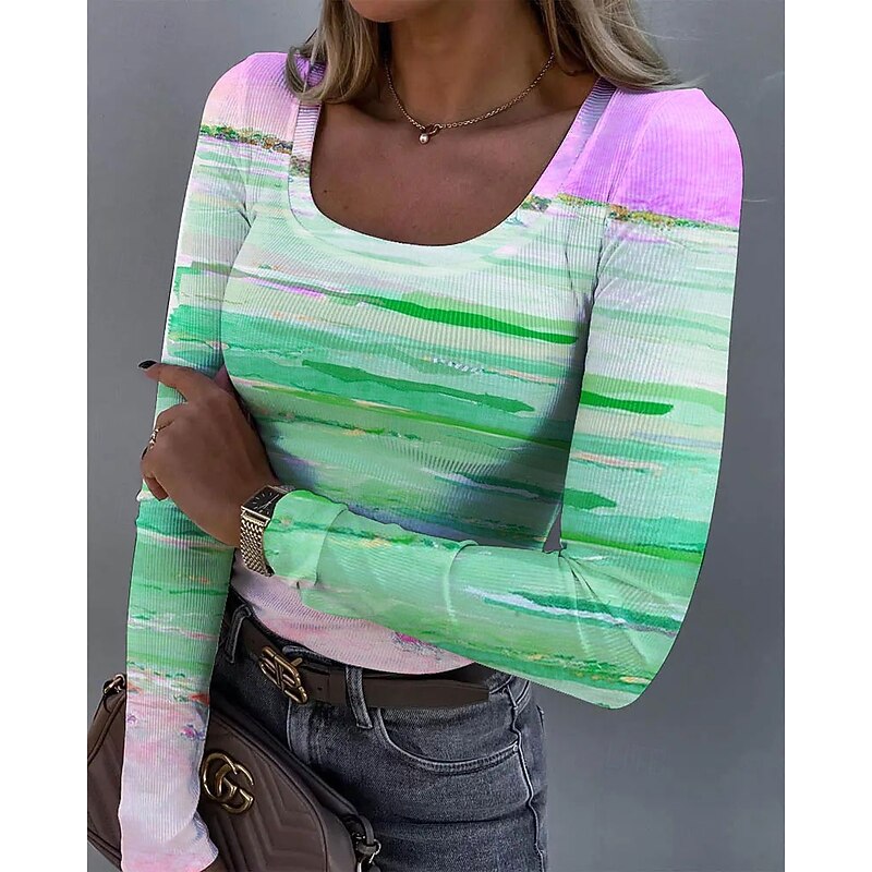 Women's T shirt Long Sleeve Ribbed Graphic Square Neck Long Sleeve Casual Tunic Ombre Vintage Stylish Regular Tops Daily Print Red Blue Purple Green  Spring Fall Prefall4