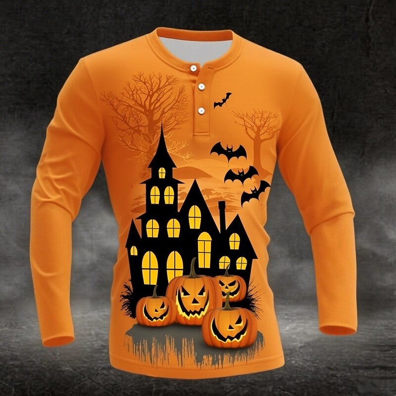 Men's Halloween Graphic Pumpkin Henley Shirt Long Sleeve Fashion Cute Daily Casual Holiday Going out Fall Winter Spring &  Fall 1# 2# 3# 4# Henley Henley T-Shirt