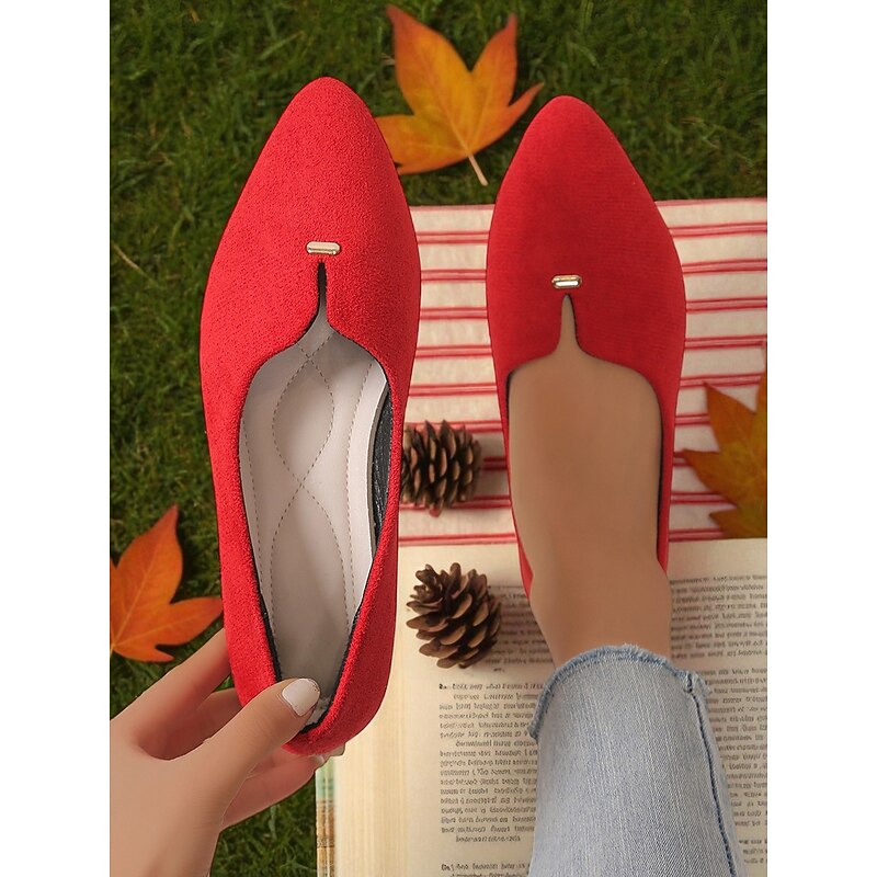 Women's Red Pointed Toe Faux Suede Flats – Comfy Picnic Shoes for Fall Afternoons, Lawn Reading and Outdoor Coffee Dates2