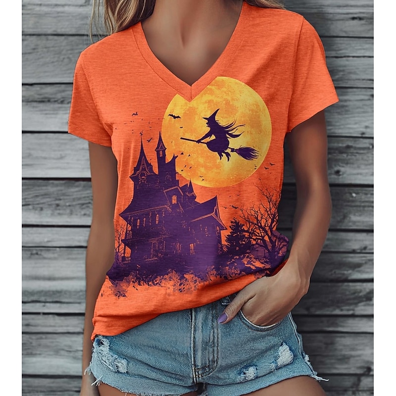Halloween Women's T shirt Witch Graphic Plants Vintage Stylish Casual Short Sleeve V Neck Regular Tops Daily Print Orange Summer Spring Fall