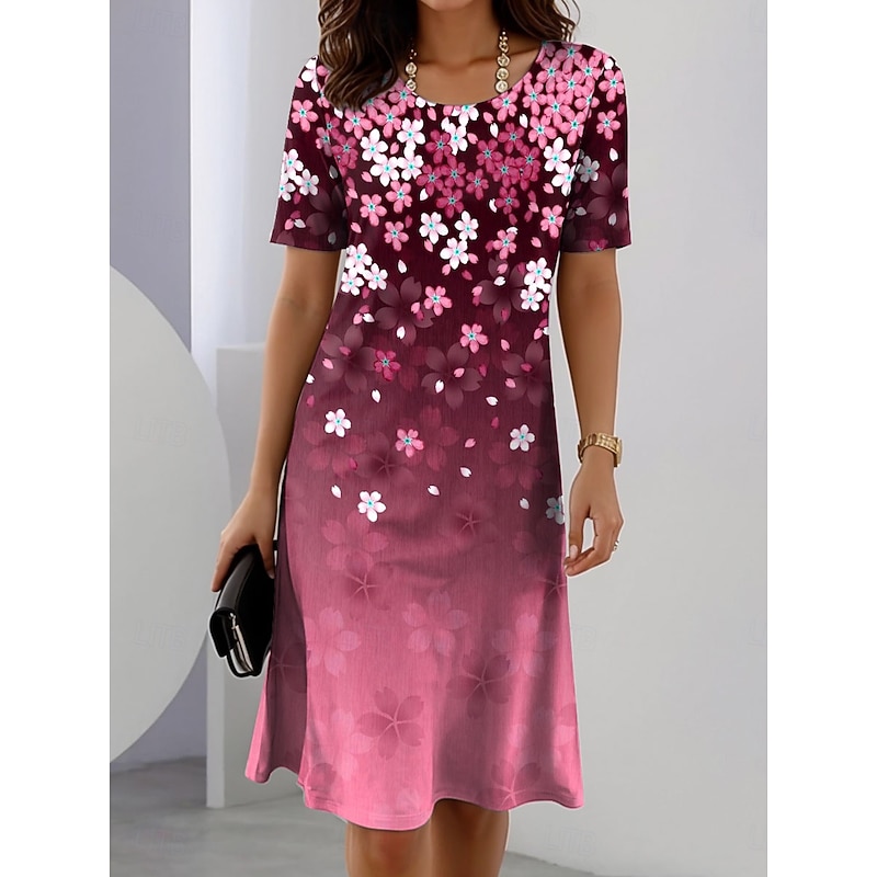 Women's Elegant Party Evening Midi Dress Crew Neck Short Sleeve Shift Dress Summer Dress Casual Daily Regular Fit Floral Graphic Red Blue Purple Green Summer Spring4