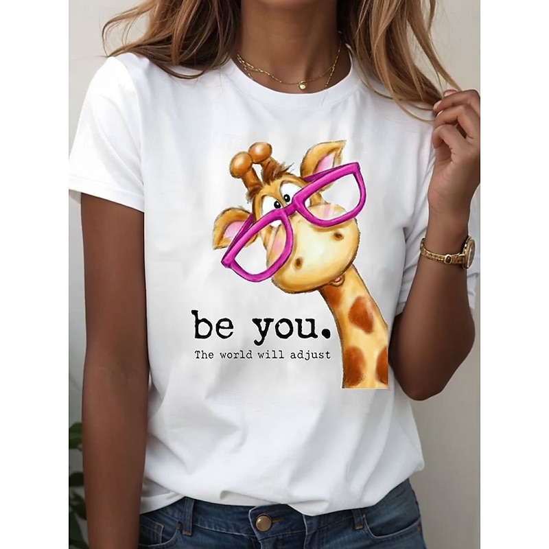 Women's T Shirt Graphic Giraffe Letter Vintage Stylish Casual Short Sleeve Crew Neck Regular Tops Daily Weekend Print White Pink Blue Green Summer Spring