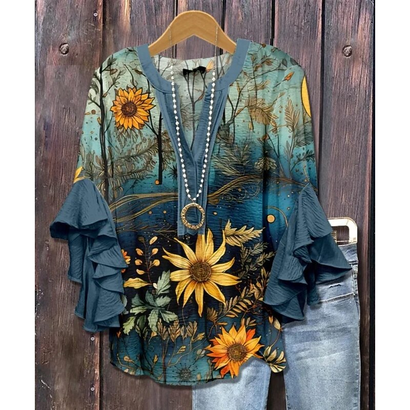 Easter Women's Blouse V Neck Floral Graphic Elegant Bohemia Ethnic 3/4 Length Sleeve Regular Tops Daily Holiday Vacation Wear Ruffle Print White Light Green Blue Purple Green Summer Spring Fall2