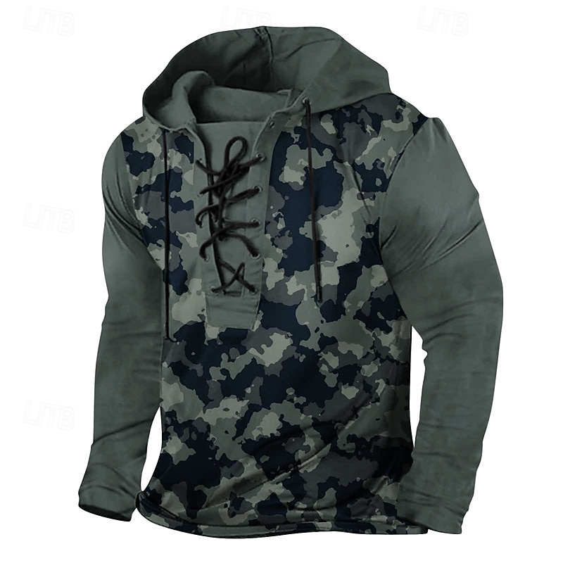 Men's Hoodie Green Gray Hooded Camouflage Lace up Patchwork Sports & Outdoor Daily Holiday Polyester Streetwear Basic Casual Spring Fall Clothing Apparel Hoodies Sweatshirts2