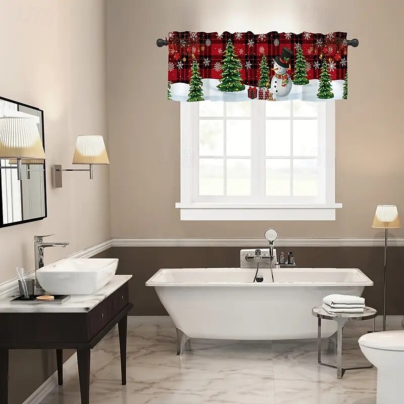 1 Piece Of Christmas Kitchen Short Curtain - Featuring A Festive Snowman And Checkered Design With A Semi Transparent Farmhouse Style And Pole Pockets Suitable For Decorating Living Rooms Bedrooms Bathr2