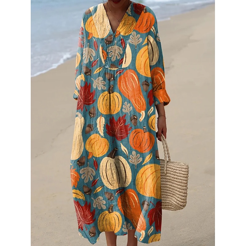 Halloween Women's Pumpkin Print Midi Dress V Neck Long Sleeve Kaftan Lightweight Loose Fit A Line Dress Casual Boho Going out Floral Graphic Long Sleeve V Neck Pink Blue off-white Fall
