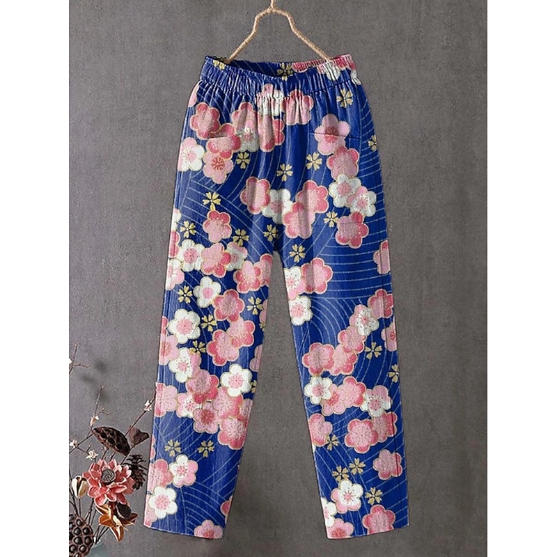 Women's Slacks Vacation Vintage Ethnic Style Ankle-Length High Waist Floral Graphic Pocket Comfy Breathability Lightweight Inelastic Outdoor Vacation Causal Blue Purple Green Summer Spring Loose Fit - Main Image