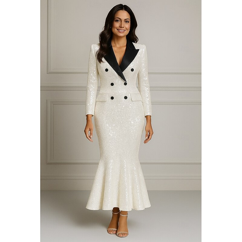 Tuxedo Dress Mermaid / Trumpet Formal Wedding Wedding Guest Sequin Elegant Glittering Long Sleeve Ankle Length Shirt Collar Notched Lapels3