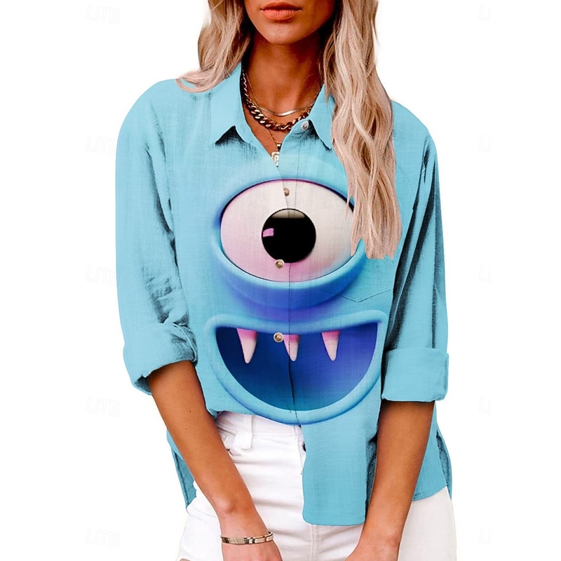 Women's Cartoon Funny Smile Face Shirt Collar Regular Tops Daily Holiday Buttons Print Blue Light Blue Summer Spring Fall