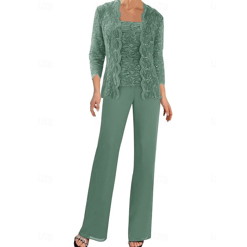 Pantsuit Mother of the Bride Dress Wedding Guest Elegant Simple Square Neck Floor Length Polyester 3/4 Length Sleeve with Solid Color3