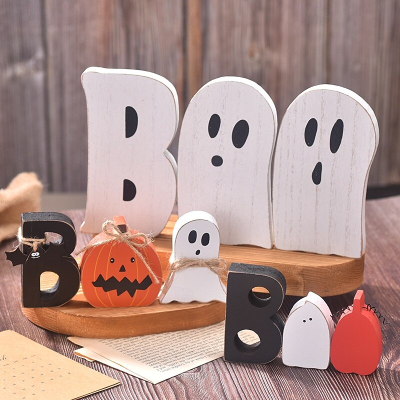 Halloween BOO Ghost Wooden Tiered Tray Decor, Spooky Halloween Tabletop Sign Ornaments, Rustic Ghost Festival Decoration for Home Kitchen Party Display