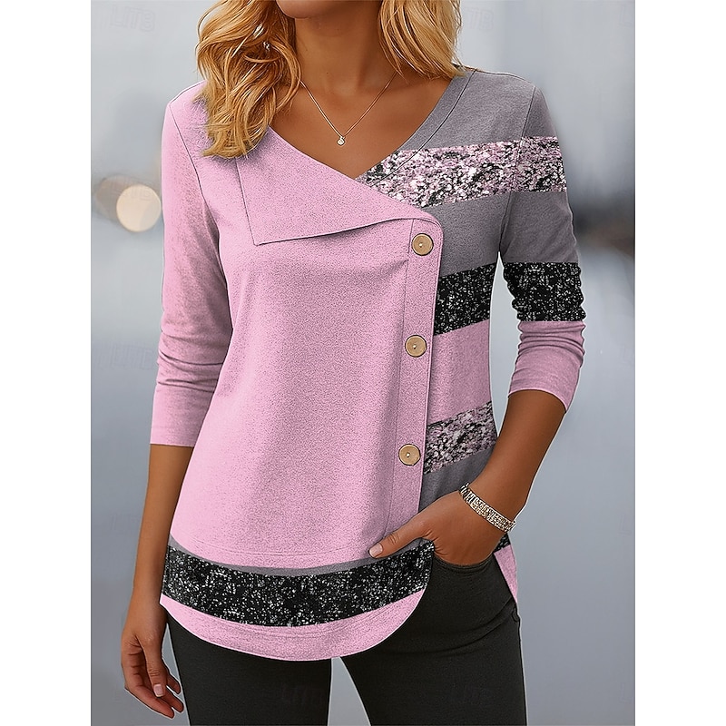 Women's Blouse Tunic V Neck Long Sleeve Buttons Graphic Geometric Vintage Tropical Stylish Regular Tops Daily Patchwork Print Black Pink Blue Orange Summer Spring Fall Winter