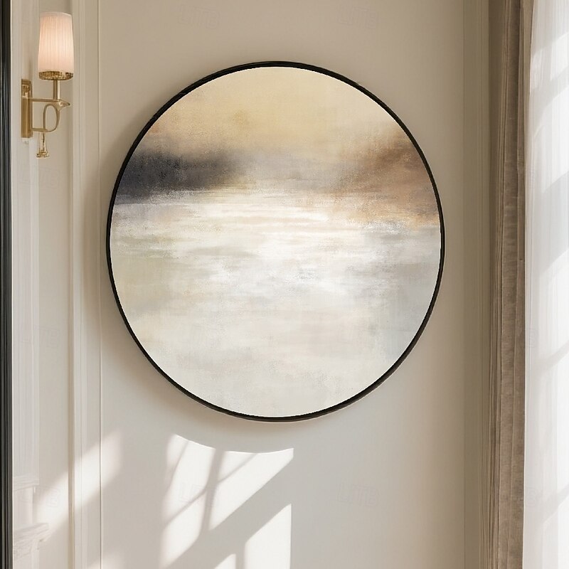 Handmade Circular Abstract Oil painting Golden Frame Reflective Gradient Artwork Grey White Beige Muted Gold Charcoal Tones Modern Wall Decor Luxe Home Ambiance Ready to Hang Include Inner Frame4