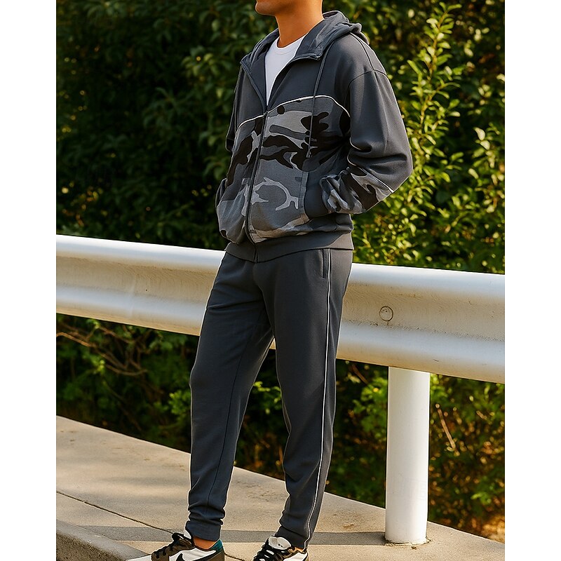 Men's Tracksuit Sweatpants Hooded Jacket Drawstring Hooded Camouflage Clothing Suit Fall & Winter Army Green Khaki Gym Training Running Windproof Long Sleeve Sport Activewear Micro-elastic Loose Fit3