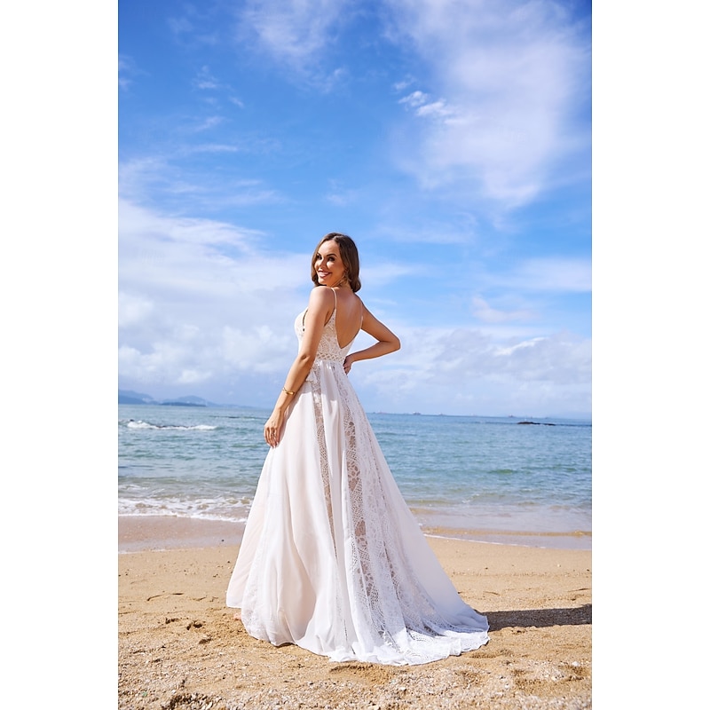 Beach Open Back Boho Wedding Dresses A-Line V Neck Spaghetti Strap Sleeveless Sweep / Brush Train Chiffon Bridal Gowns With Tassel3