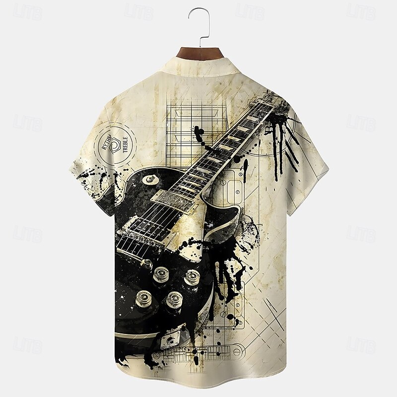 Men's Boardmasters Guitar Musical Instrument Shirt Summer Shirt Button Up Shirt Short Sleeve Vintage Retro Outdoor Vacation Dailywear Summer Spring Turndown 3D Print Collared Shirts Front One Pocket3