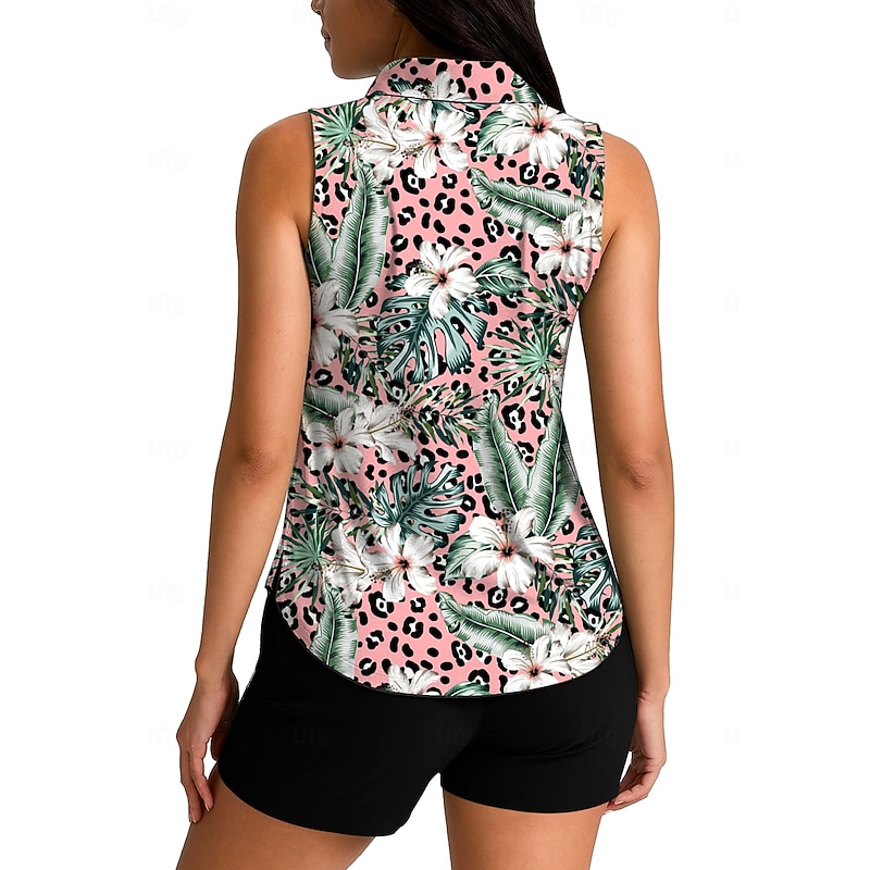 Women's Leopard Floral Tops Sport Shirt Golf Polo Shirt Tennis Shirt Sleeveless Zipper Floral UPF50+ UV Resistant High Elasticity Moisture Wicking Breathable Tennis Pickleball Running Turndown Zip2