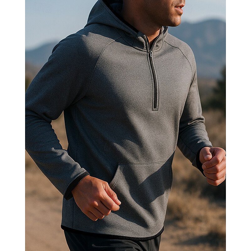 Men's Running Top Sports Sweatshirt Pocket Quarter Zip Long Sleeve Top Athleisure Solid Colored Moisture Wicking Breathable Fishing Hiking Running Sportswear Activewear Black Gray3