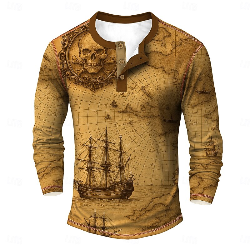 Men's Cool Skulls Sailboat Henley Shirt Tee Long Sleeve Vintage Fashion Designer Outdoor Casual Daily Spring &  Fall Dark Gray Blue Green Khaki Henley Henley T-Shirt2