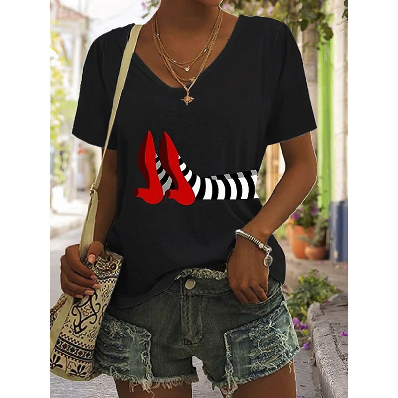 Halloween Women's T shirt Witch Graphic Vintage Stylish Classic Short Sleeve V Neck Regular Tops Daily Print Black White Blue Green Summer Spring3