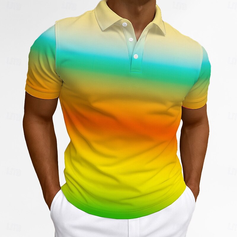 Men's Polo Business Casual Turndown Short Sleeve Fashion Leisure Gradient Ramp Buttons Summer Blue Yellow Polo2