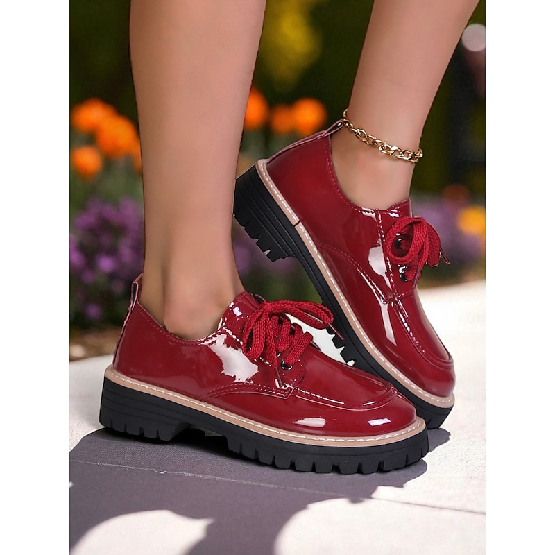 Women's Red Patent Leather Oxford Shoes – Chunky Sole Lace-Up Flats for Daily Wear, School & Urban Street Style