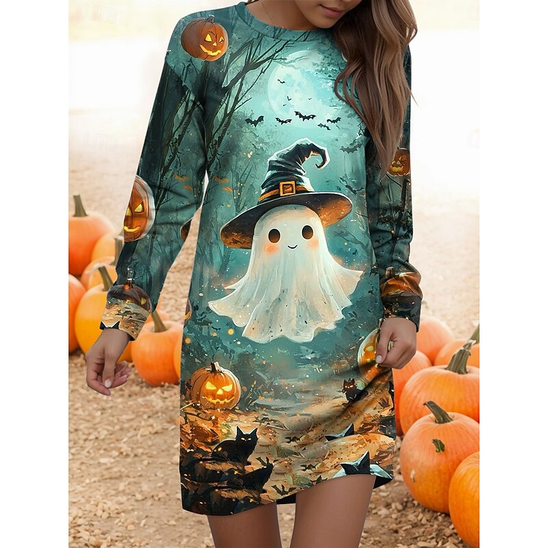 Halloween Women's Ghost Print Mini Dress Shift Dress Casual Daily Regular Fit Graphic Long Sleeve Crew Neck Black Blue Orange Green Spring Fall Winter3