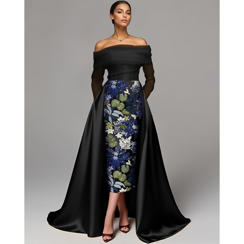 GoldA-Line Evening Gown Elegant Dress Formal Wedding Floor Length Long Sleeve Off Shoulder Satin with Slit Embroidery3