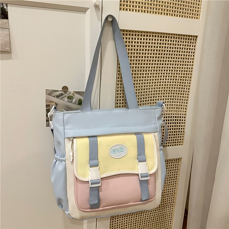 Women's Black and White Canvas Tote Bag – Casual School Shoulder Bag with Front Buckle Pocket for Teen Girls & College Students4