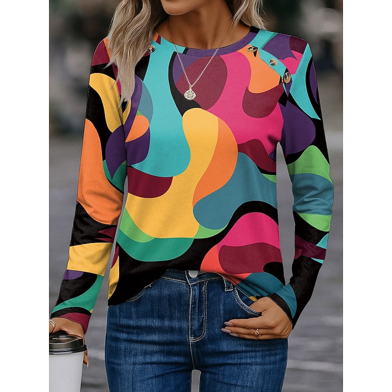 Women's Sweatshirts Graphic Geometric Vintage Classic Casual Long Sleeve Crew Neck Regular Tops Buttons Print Yellow Pink Wine Orange Spring Fall Winter