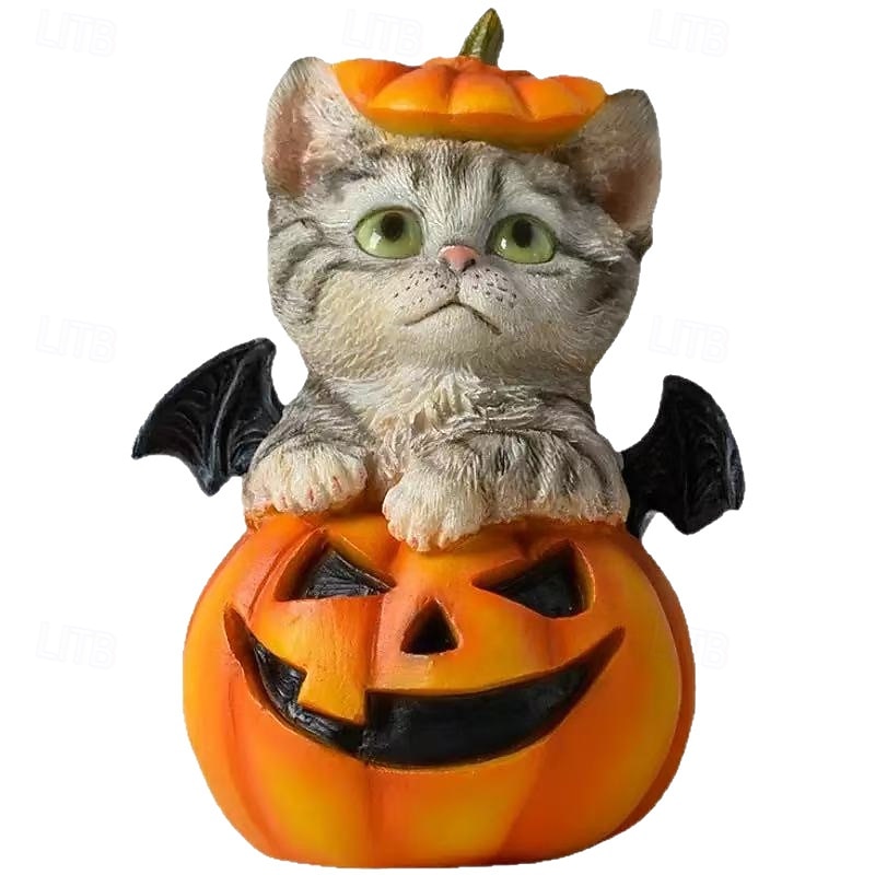 Halloween Pumpkin Bat Cat Resin Statue, Spooky Black Cat Figurine for Halloween Table Decor, Cute Gothic Halloween Sculpture for Home or Party Decoration2
