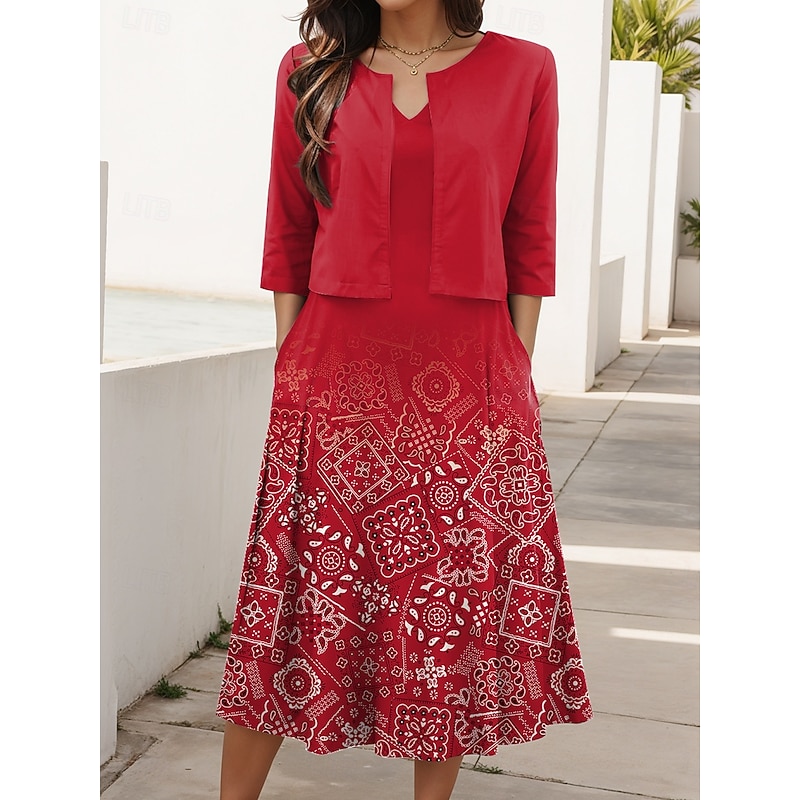 Women's Two Piece Dress Sets Midi Dress with Jacket Elegant A Line Dress Half Sleeve Casual Semi Formal Ombre Geometric Print V Neck Date Light Green Red Blue Regular Fit